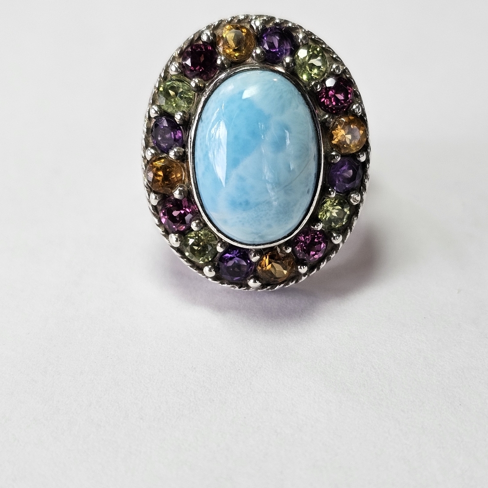 Artisan Crafted Natural Larimar & Multicolor Tourmaline 💍 Sterling Silver Sz 7. - Picture 2 of 12